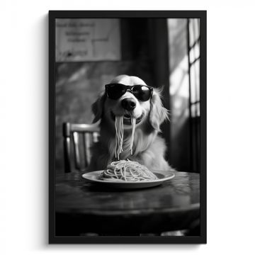 Cadre Photo - Golden Retriever - Chien - Joyeux - Assiette spaghetti - Noir - blanc