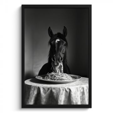 Cadre Photo - Cheval - Assiette - Pâtes - Nappe - Noir et blanc - Animaux