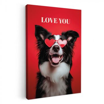 Tableau sur toile - Chien - Lunettes coeur - Loveyou - Rouge