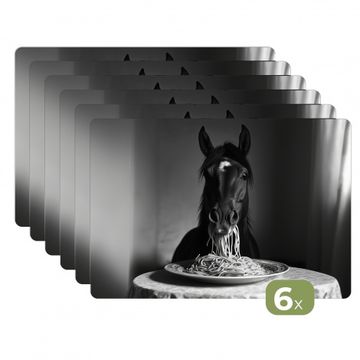 Sets de table - Cheval - Assiette - Pâtes - Nappe - Noir et blanc - Animaux